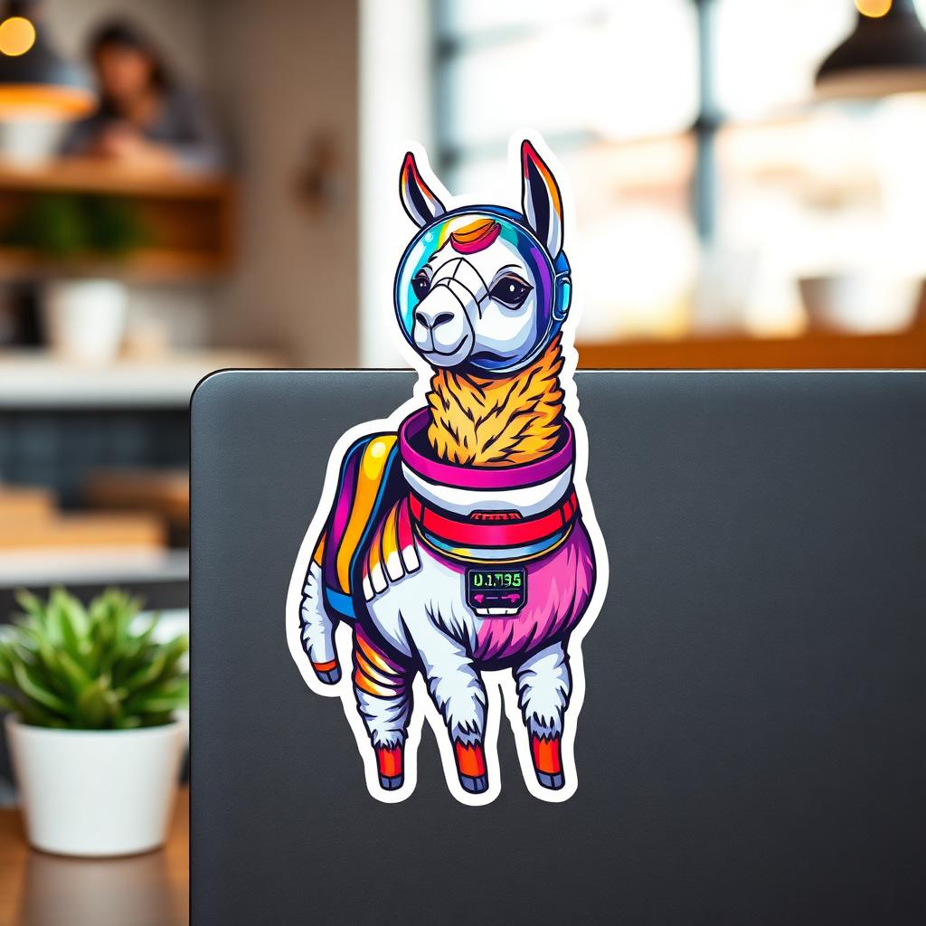 Colorful astronaut llama vinyl sticker on a laptop