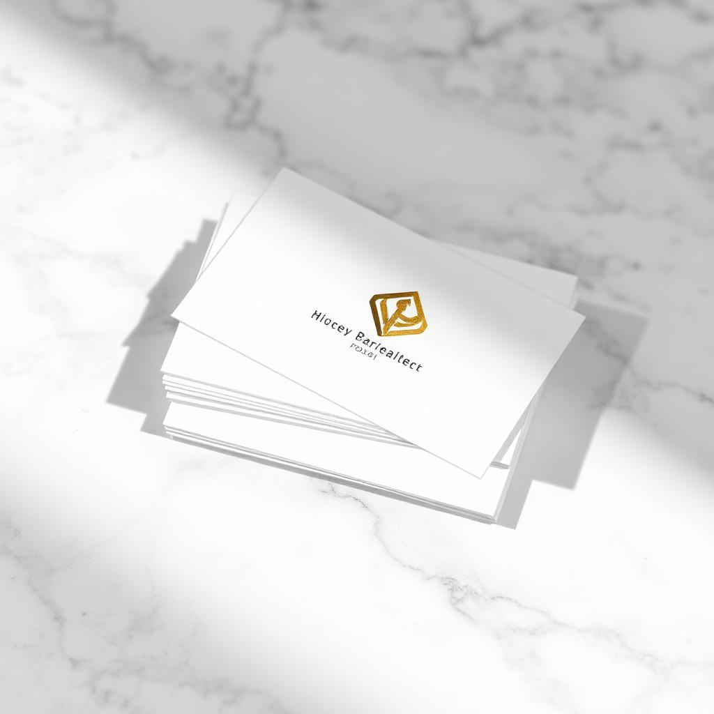Stack of business cards with a minimalist gold foil logo on marble