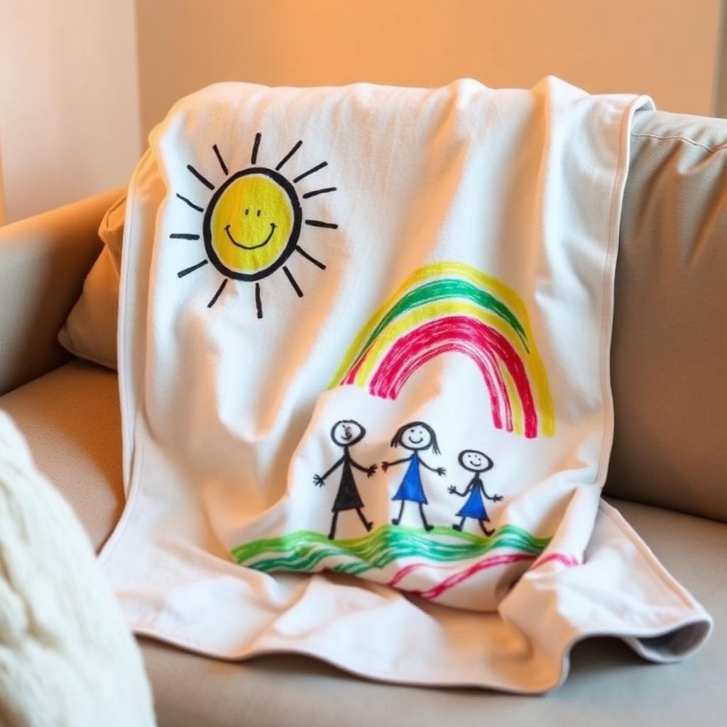 Soft blanket on a couch printed with a colorful child's crayon drawing