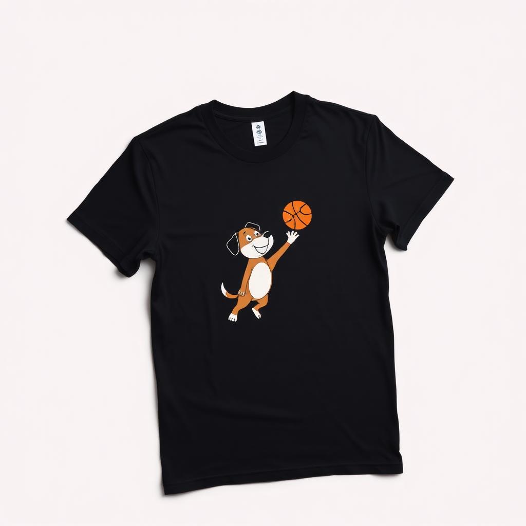 Black t-shirt printed with a cartoon dog playing basketball