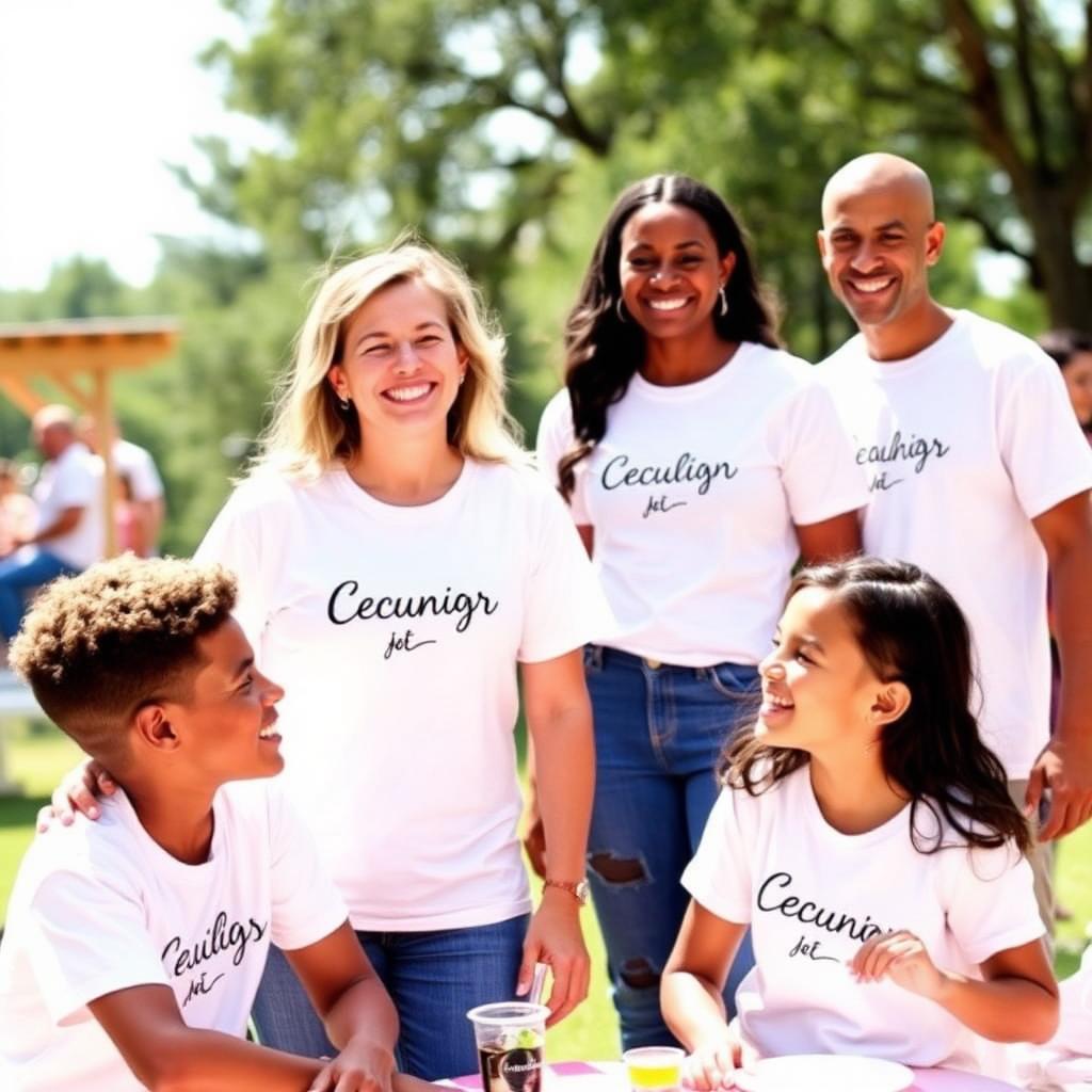 Family wearing matching custom t-shirts outdoors