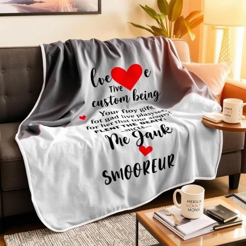 Personalized blanket draped on a couch beside a custom mug