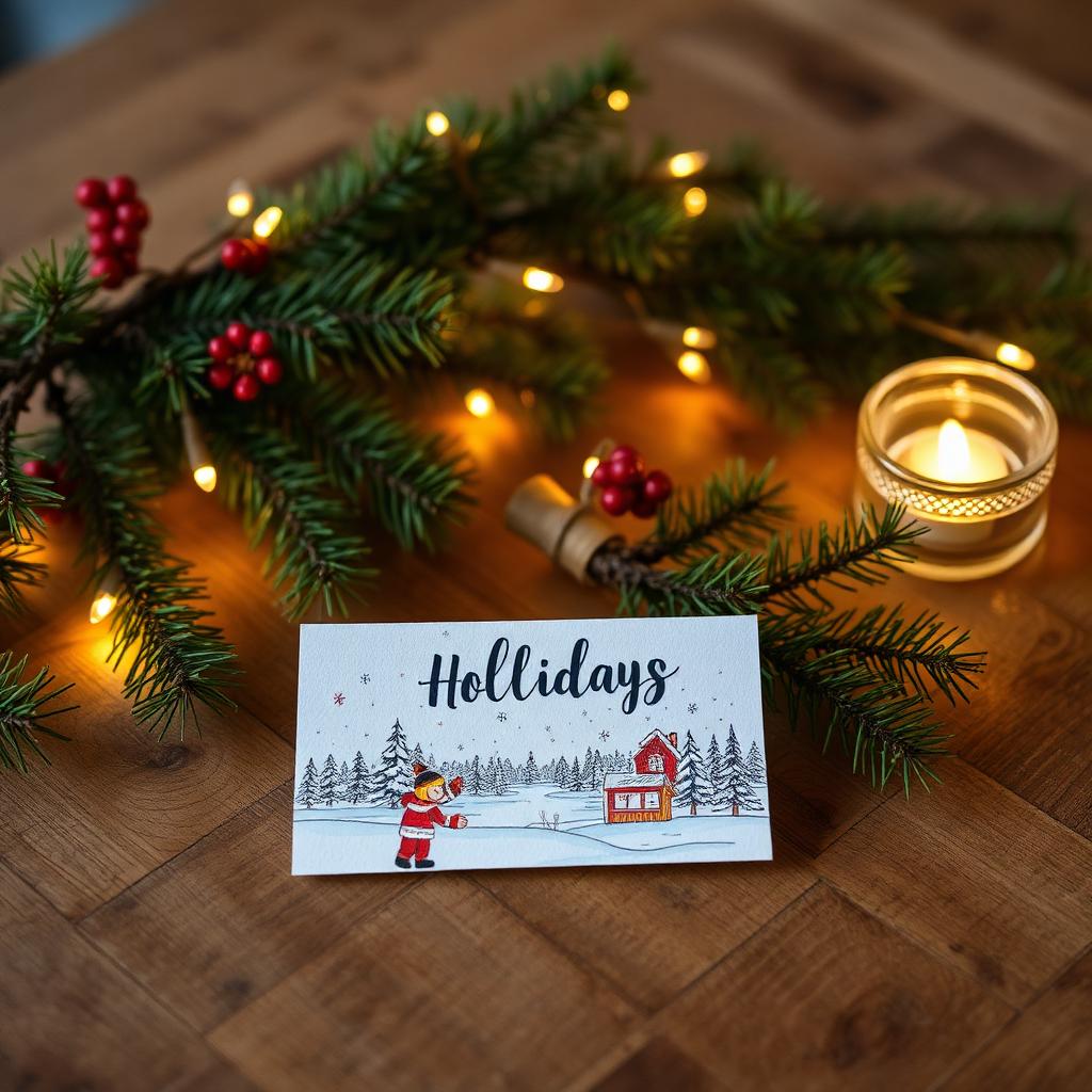 Holiday greeting card on a wooden table with pine branches and warm lights