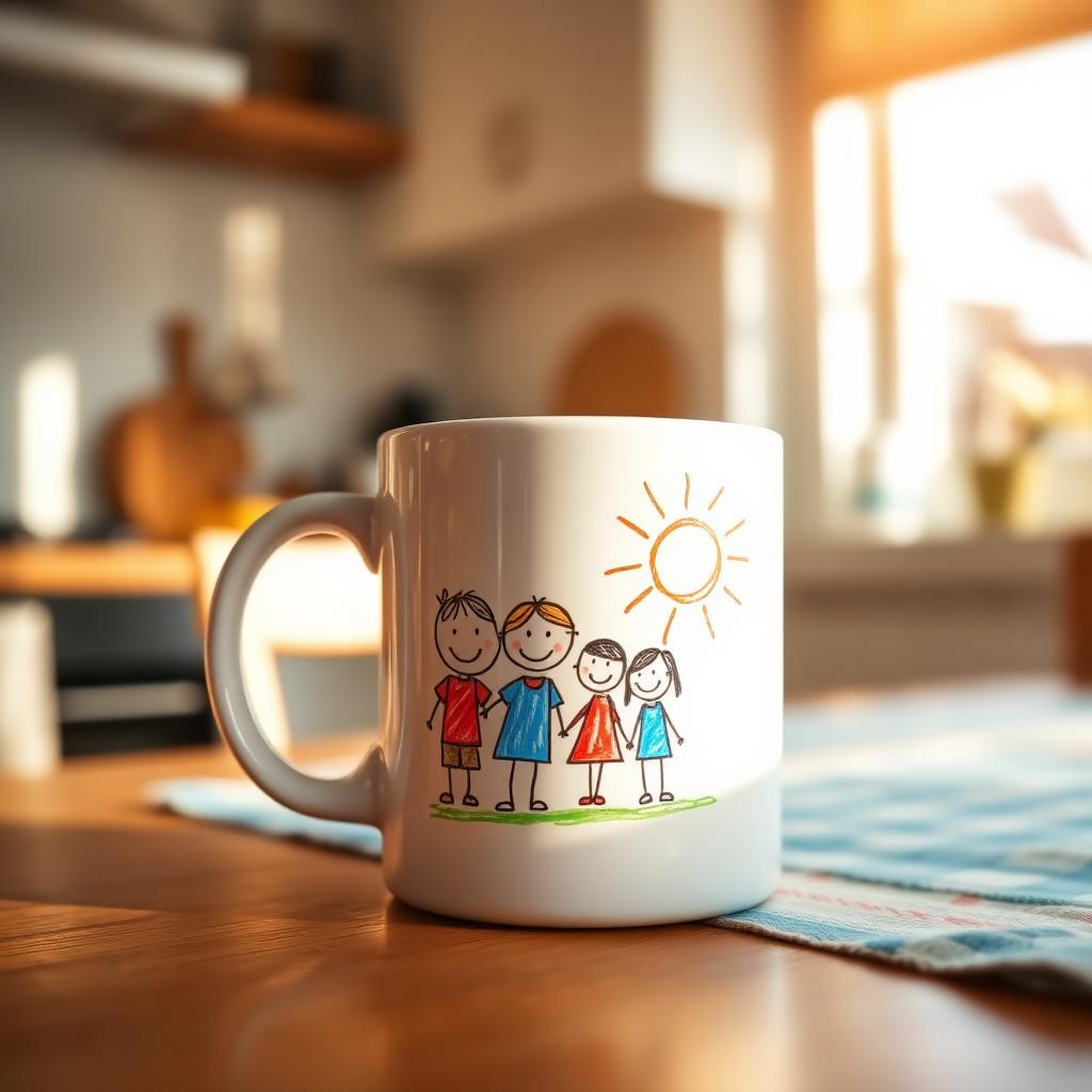 Mug printed with a colorful child's drawing on a kitchen table