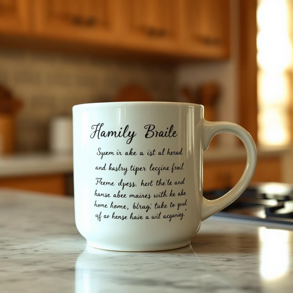 White ceramic mug printed with a handwritten family recipe