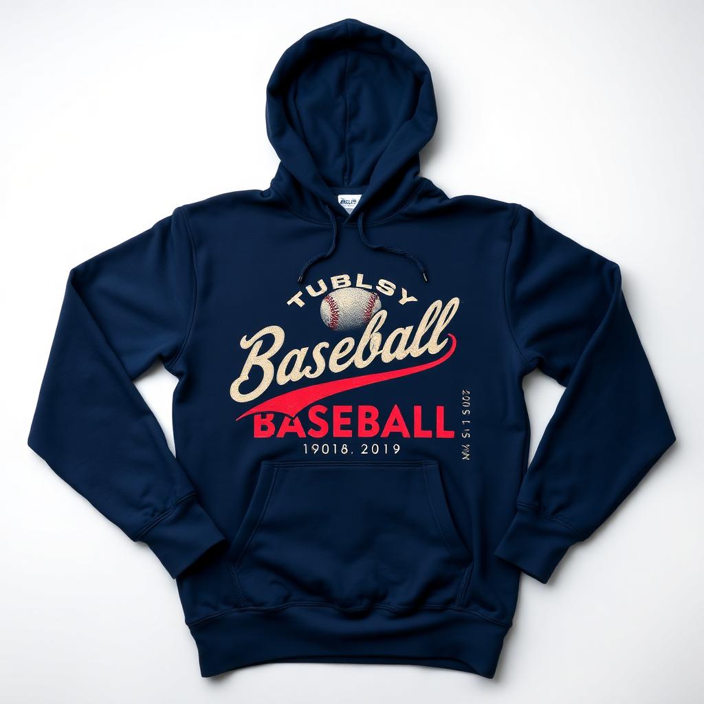 Navy hoodie with vintage baseball typography artwork